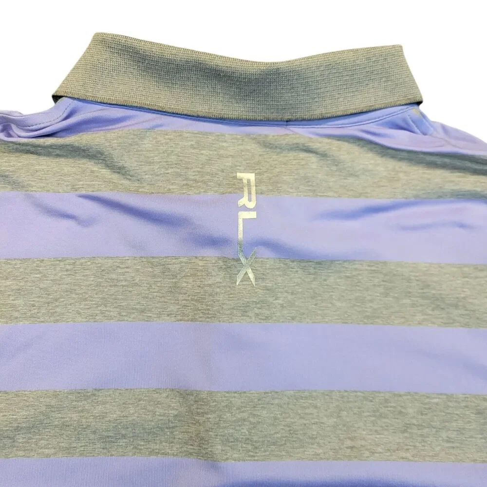 RLX Ralph Lauren Mens Polo XL Purple Gray Striped Golf Shirt‎ BROADMOOR Logo